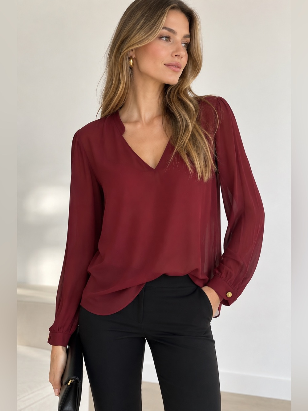 Massimo Dutti Burgundy Sheer Chiffon V-Neck Blouse Gold Button US 4